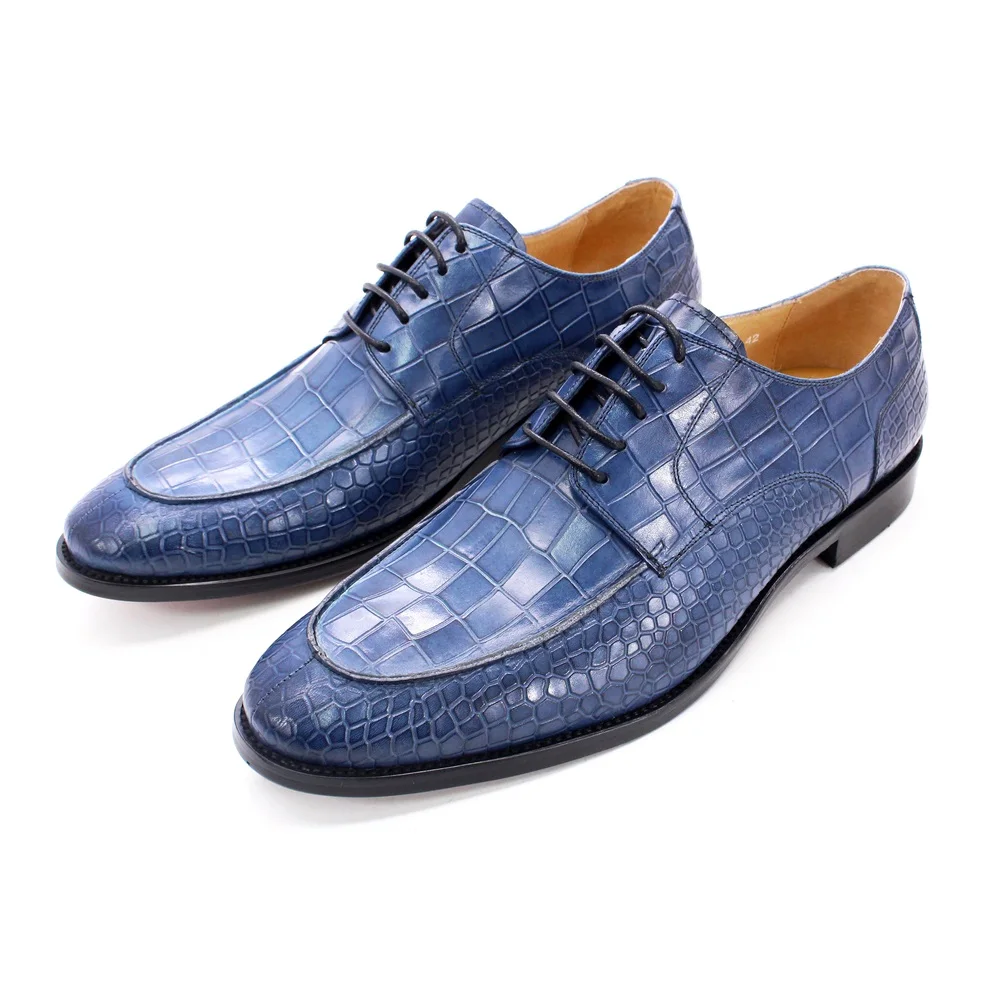 

Luxury Mens Genuine Cow Leather Shoes Crocodile Print Blue Black Pointed Toe Lace Up Dress Formal Business Wedding Italian Shoes