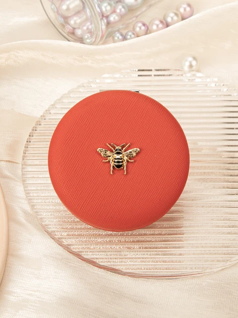 Miroir de maquillage en cuir double face avec équation dorée, rond, noir, rose, rose, rouge, 1 pièce Cadeau parfait pour les femmes, toutes les occasions 3