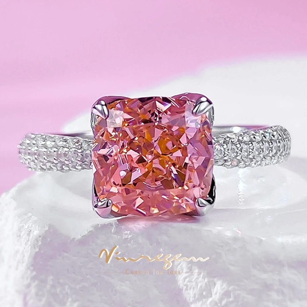 

Vinregem 8*8 MM Crushed Ice Cut Padparadscha Gemstone Women Rings 100% 925 Sterling Silver Engagement Fine Jewelry Wedding Gifts