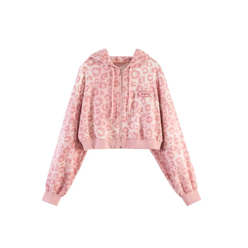 Pink Zip Hoodie Y2k Harajuku Streetwear Leopard Print Ladies Hip Hop Fashion Zipper Loose Casual Long Sleeve Top Women Ulzzang