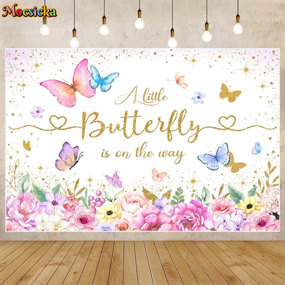 

Mocsicka Baby Shower Backdrop Newborn Girl Welcome Party Decoration A Little Butterfly Is On The Way Background Banner Photocall