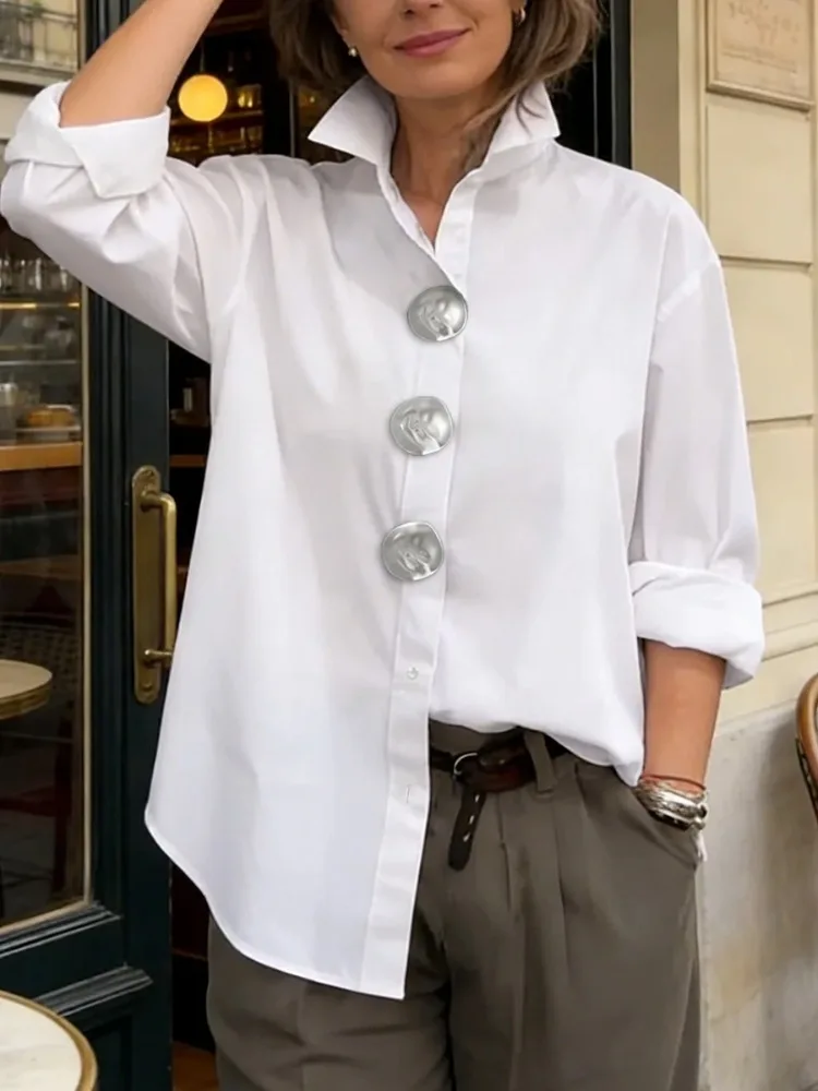 Yeezzi Women's Cotton White Buttoned Shirt 2026 New Elegant Loose Lapel Blouse Casual Long Sleeves Office Tops For Ladies 3