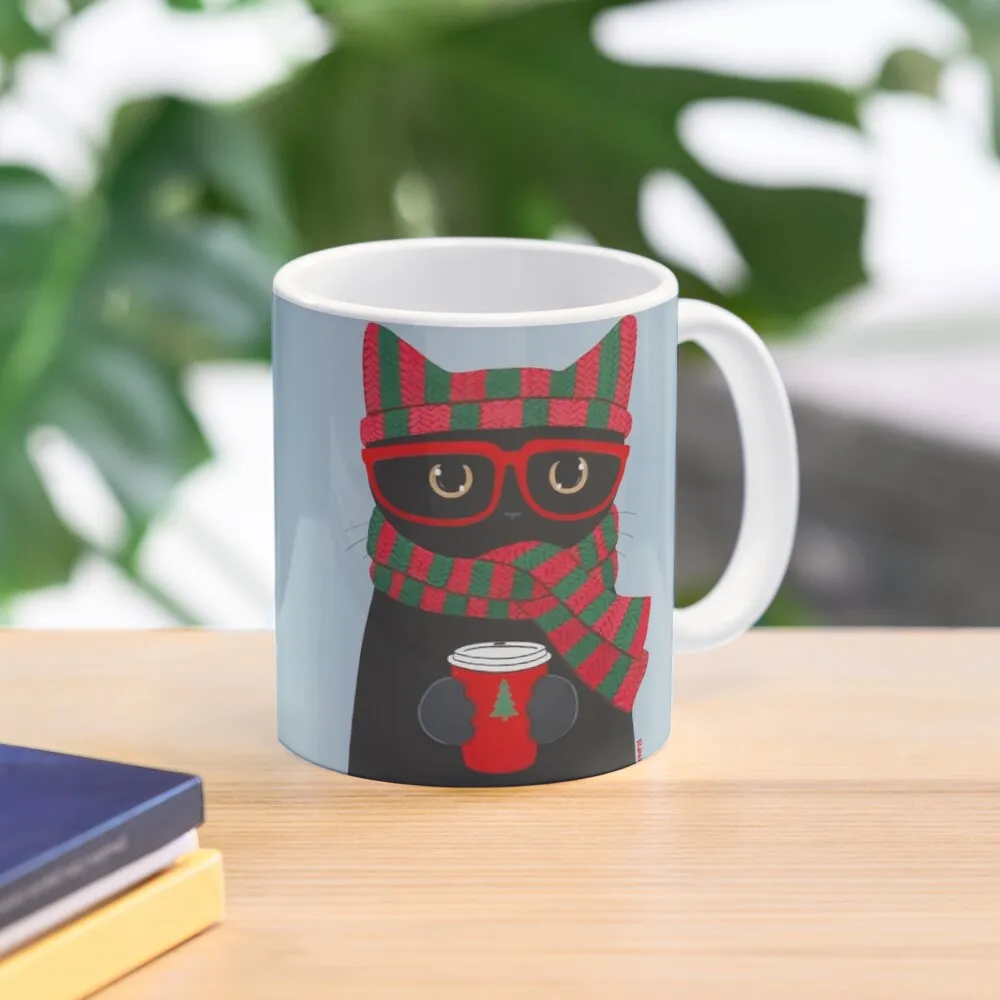 

Winter Black Cat With Coffee Mug Tourist Beautiful Teas Cups Ceramic Pottery Cups Mug