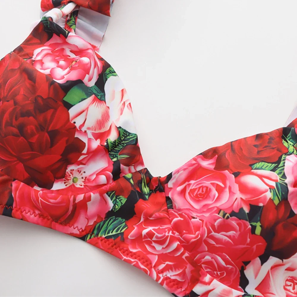 SUNSIREN Floral Print Separate Swimsuit Women Ruffle Shoulder Strap Three Pieces Swimwear Sexy Low Waist Push Up Beach Wear