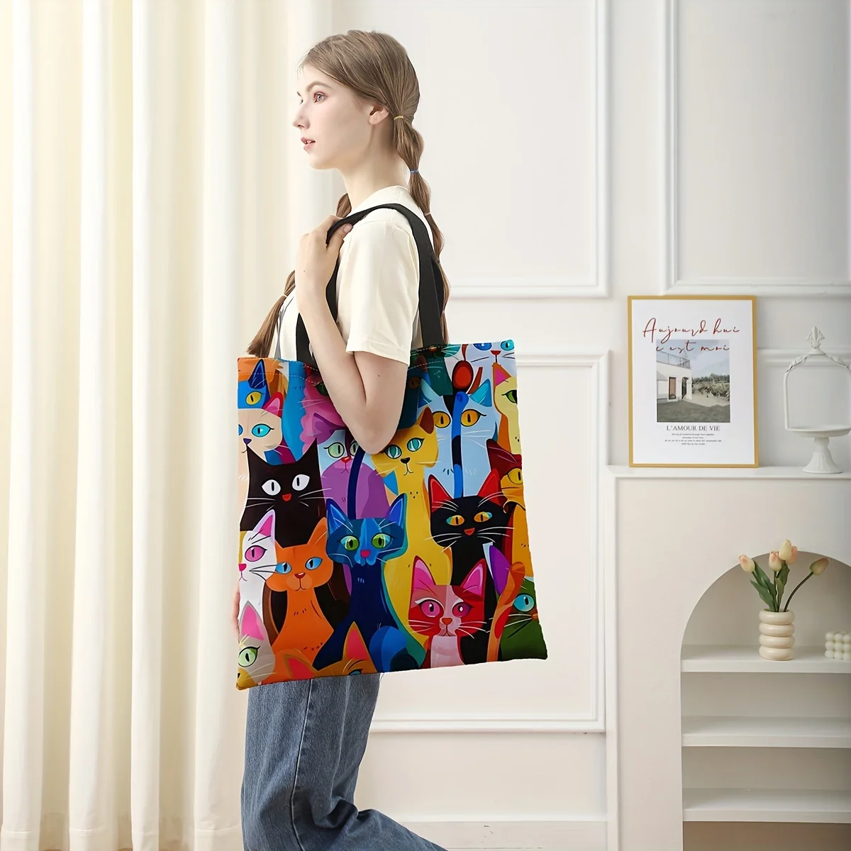 Colorful kitten printed casual handbag, reusable fashionable backpack, multifunctional handbag, printed canvas shopping bag