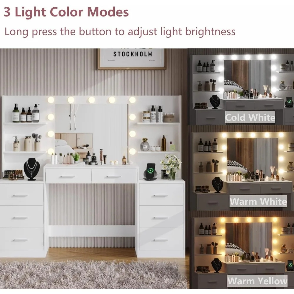 61.9‘’L Vanity Desk with Mirror & Lights, Makeup Desk with Drawers, 3 Lighting Modes, Large Makeup Vanity 3