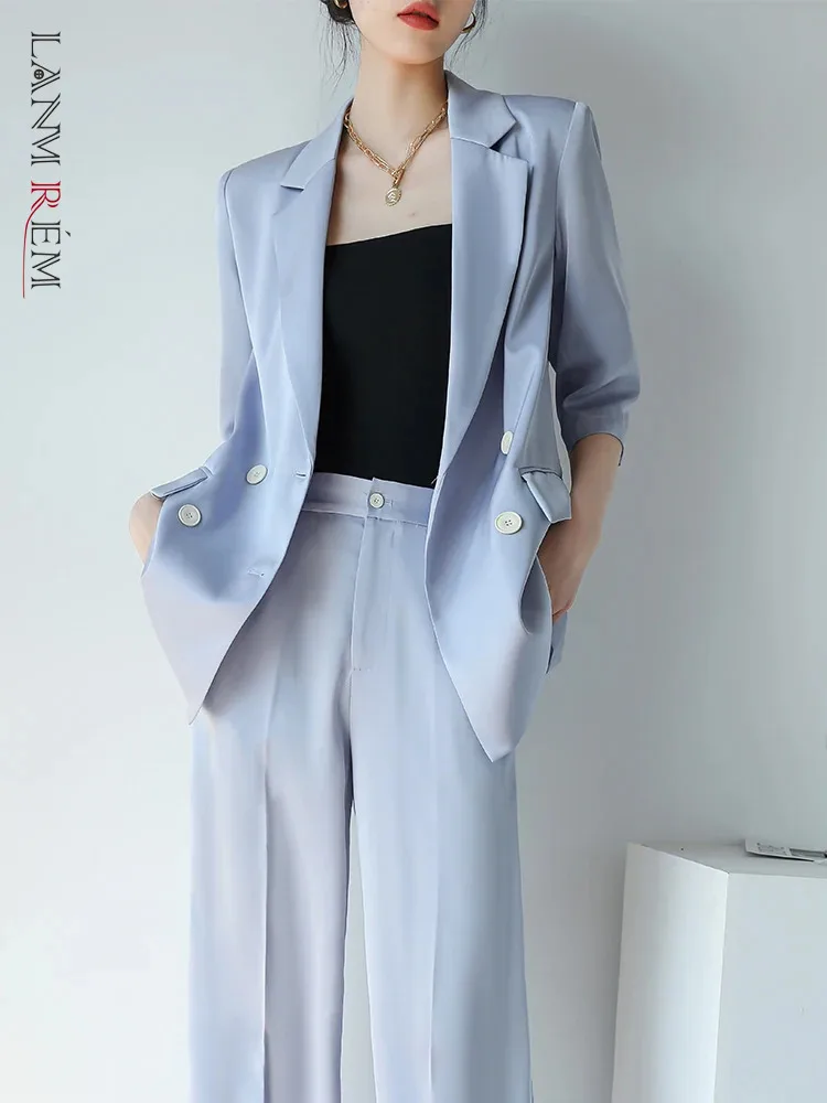 

[LANMREM] Chiffon Suits Set Women Single Breasted Three Quarter Blazers High Waist Loose Pants Office Lady 2024 Summer New