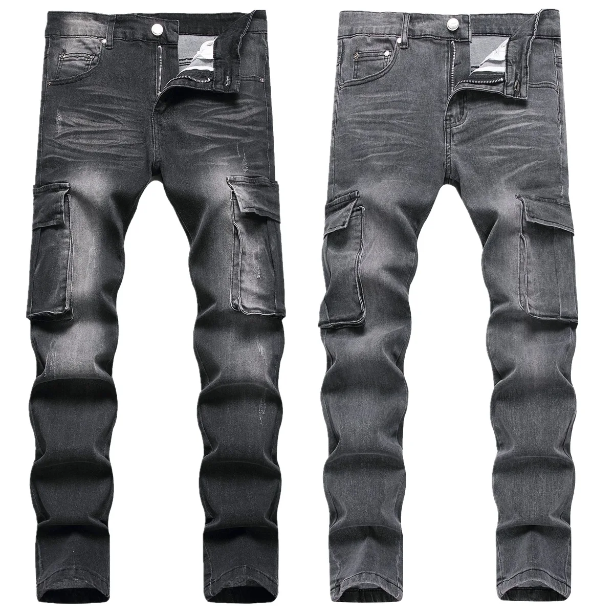 3D Belt Knee Jeans Men Feet Panel Pants Zipper Pockets Slim Fit European And American Trends Versatile Damaged Scraped Whitened