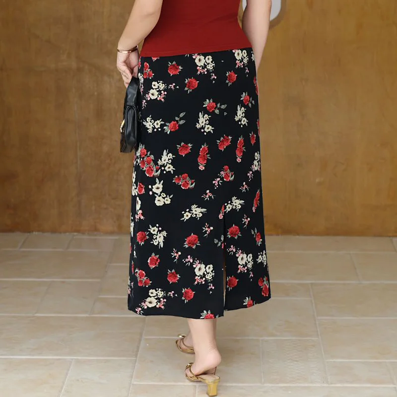 Plus Size Women's Straight Skirt Premium High Waist Rose Floral Print  Back Slit Chiffon Skirt Summer 2025