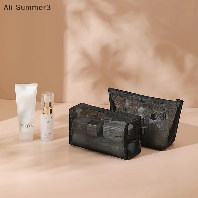 Black Mesh Clear Cosmetic Bags Set - Portable Travel Makeup and Toiletry Organizer with Lipstick Storage Pouch