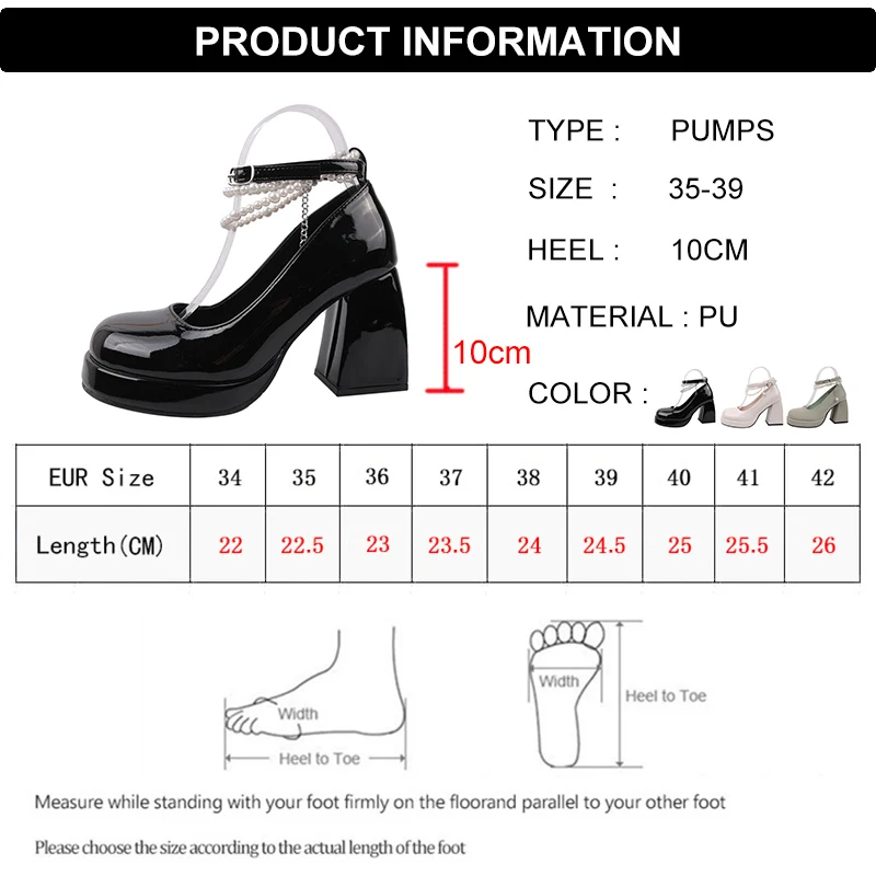 Vintage High Heels Mary Jane Shoes for Women Patent Leather Platform Pumps Woman Pearls Chain Thick-Heeled Shoes Female women high heels mary jane shoes women pumps high heel pumps