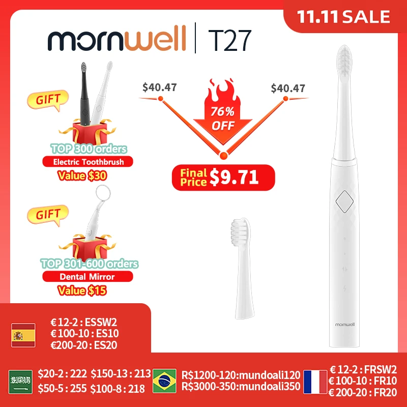 Mornwell Sonic Electric Toothbrush 360 Upgraded Base Waterproof With 4 Replacement Brush Heads