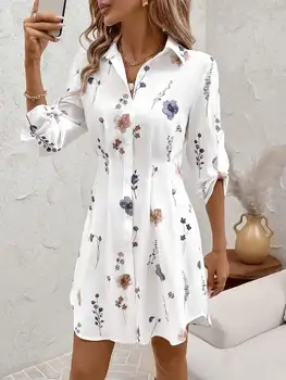 Summer Vacation Outfits Women's Autumn/Winter Fashionable Versatile Commuter Floral Print Shirt Dress Fall Women Clothes Dress,S