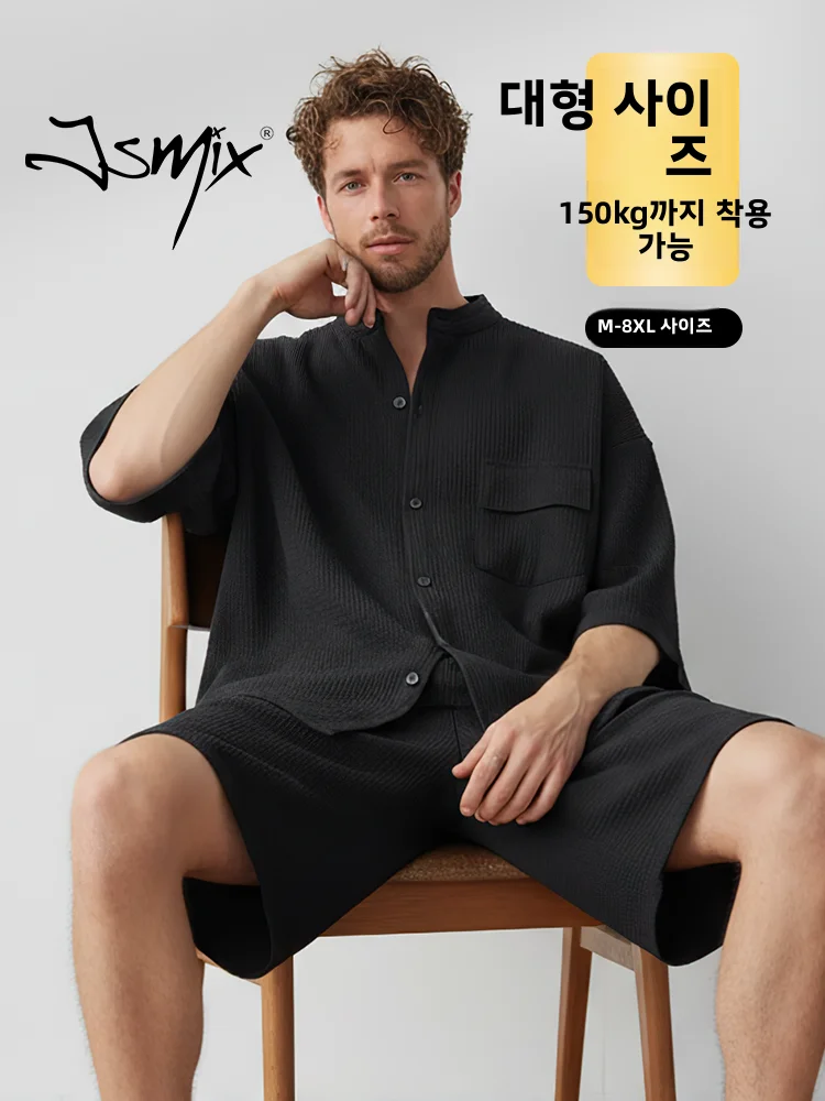Jsmix 남성용 블랙 깅엄 셔츠 반바지 세트 대형 사이즈 봄 여름 얇은 투피스 슈트 캐주얼 스포츠웨어 폴리에스테르 섬유