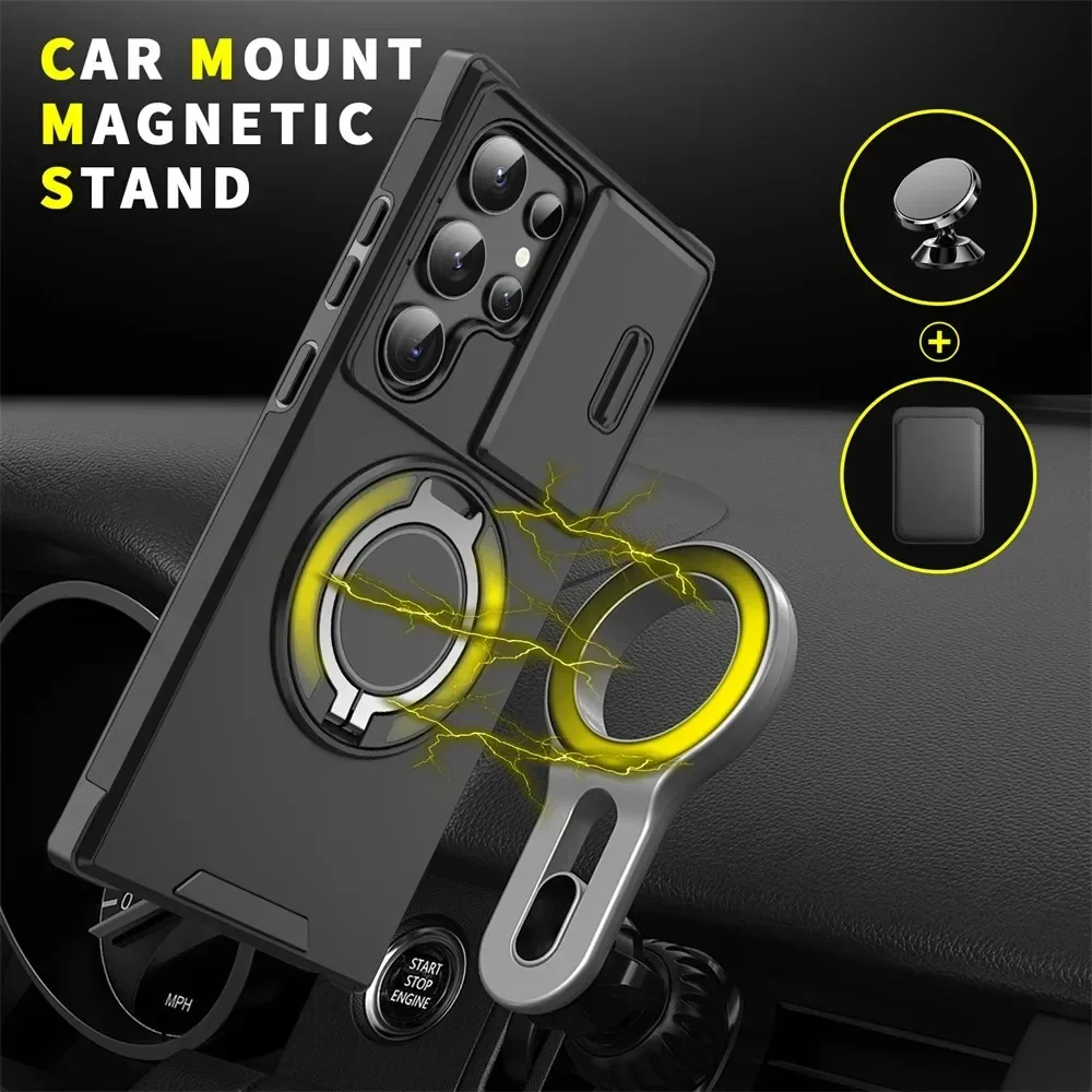 Magnetic Stand Case with Slide Lens Protection and Rotating Hidden Holder Cover