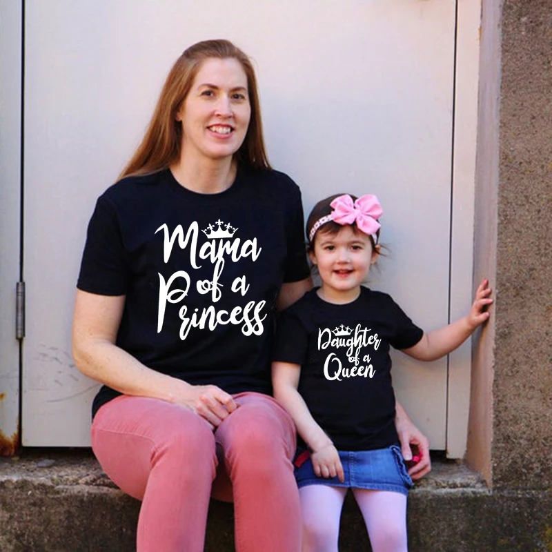 

Mama and Girls Fashion T-shirt Mother Kids Family Matching Outfits Shirts Mama of A Princess Daughter of A Queen