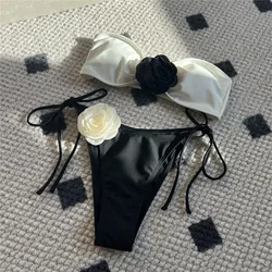 Floral Lace-up Thong Bikini Set - Sexy Brazilian Swimsuit - M (Black white)