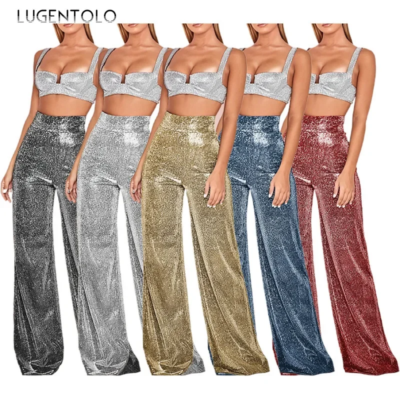 Women High Waist Pants Solid Hot Silver New Fashion Spring Summer Lady Elegant Comfortable Casual Wide-leg Long Clothing