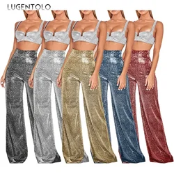 Women High Waist Pants Solid Hot Silver New Fashion Spring Summer Lady Elegant Comfortable Casual Wide-leg Long Clothing