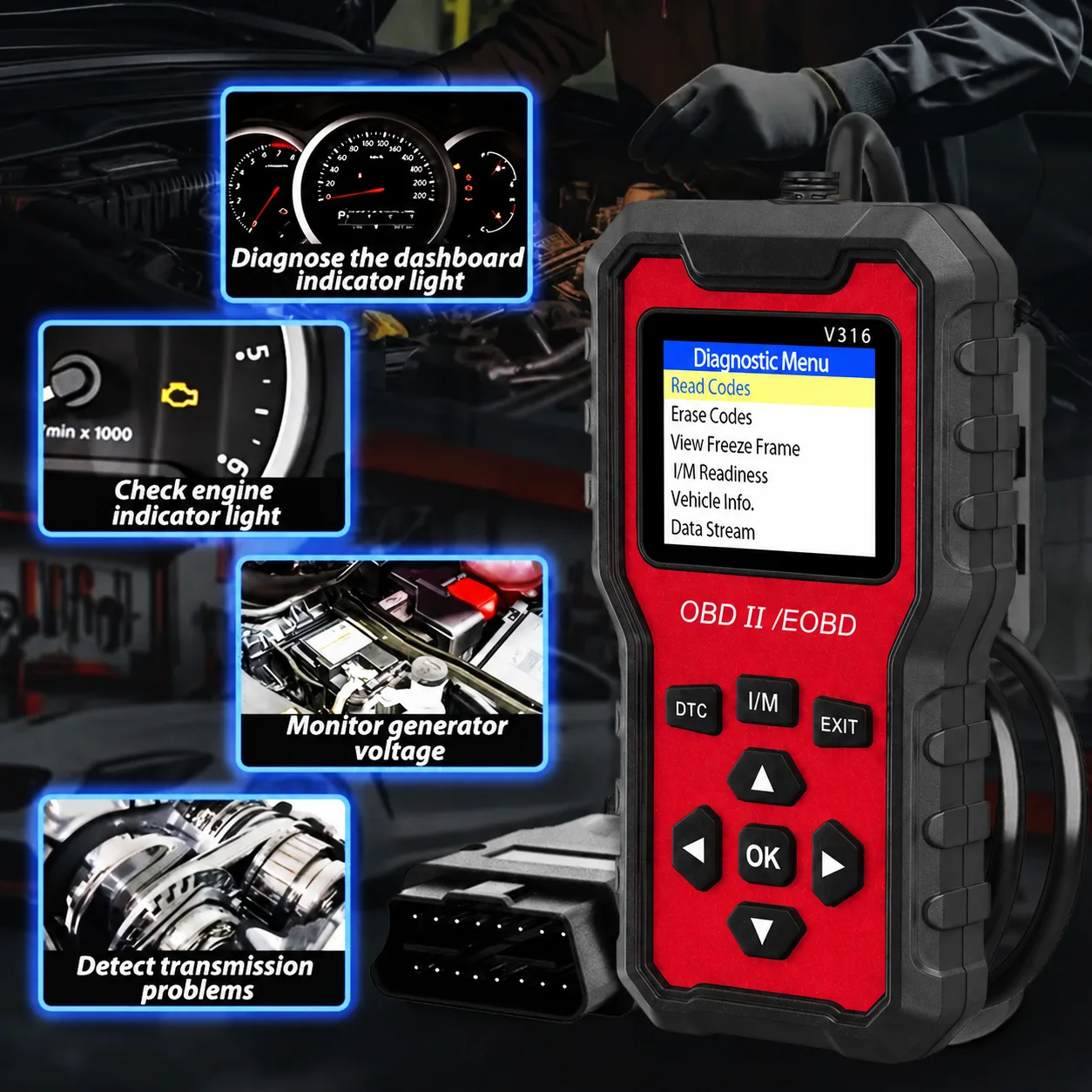 1996+ 유니버셜 V316 OBD2 진단기 자동차 엔진 고장 감지기 전압 검사기 자동차 수리 액세서리