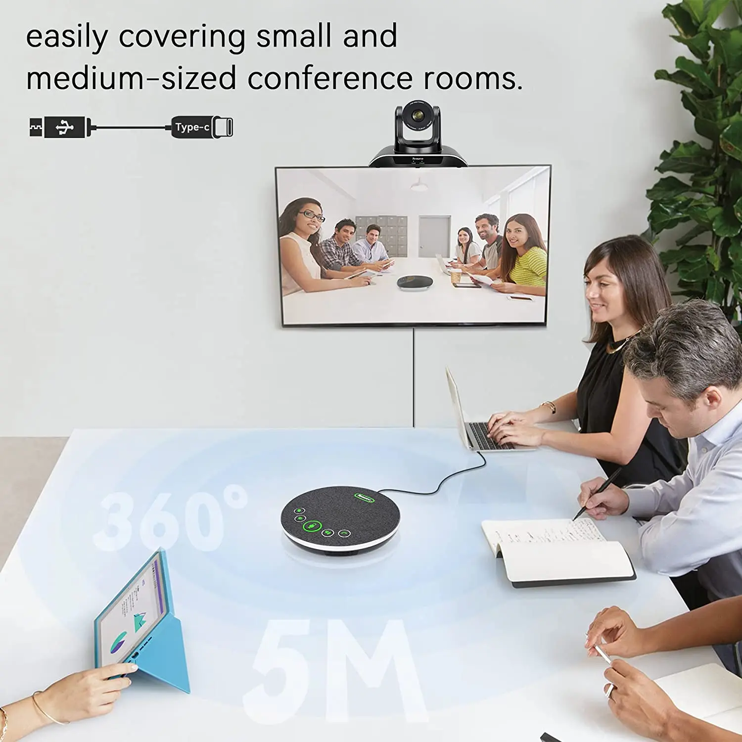 Tenveo Video Conference System 3X PTZ Camera Conference Room Camera 3X Optical Zoom + USB Speakerphone for Skype Zoom OBS Teams