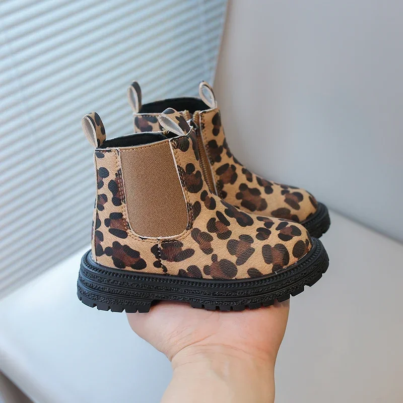Kids Unisex Rubber Ankle Boots with Leopard Prints and Side Zipper