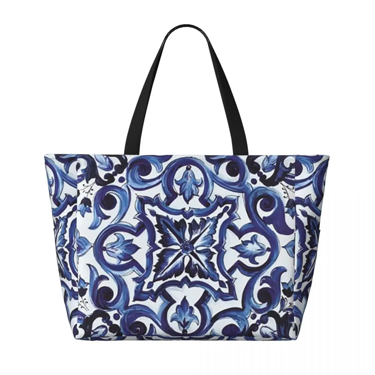 Borsa da Spiaggia Blu con Motivi Floreali Ornamentali in Stile Mediterraneo Siciliano, Borsa Sportiva per Palestra e Yoga, Grande Borsa da Viaggio per Donne, Borsa per Fitness - immagine 6