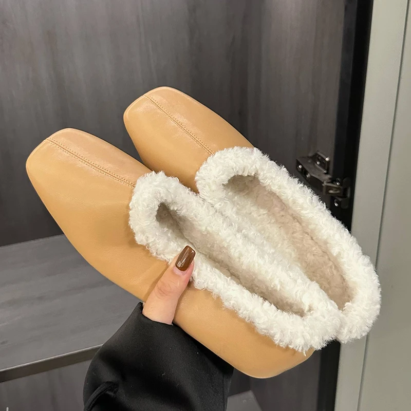 Women Flat Shoes Multicolor Square Toe Wool Warm Comfortable Anti-skid Rubber Sole Work Shoes Autumn Genuine Leather Women Pumps