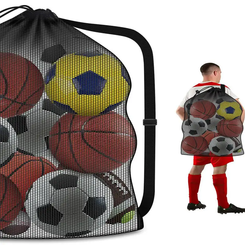 Adjustable Drawstring Shoulder Bag Ball Sports Training Equipment Large Mesh Bag For Storing Football Volleyball Storage