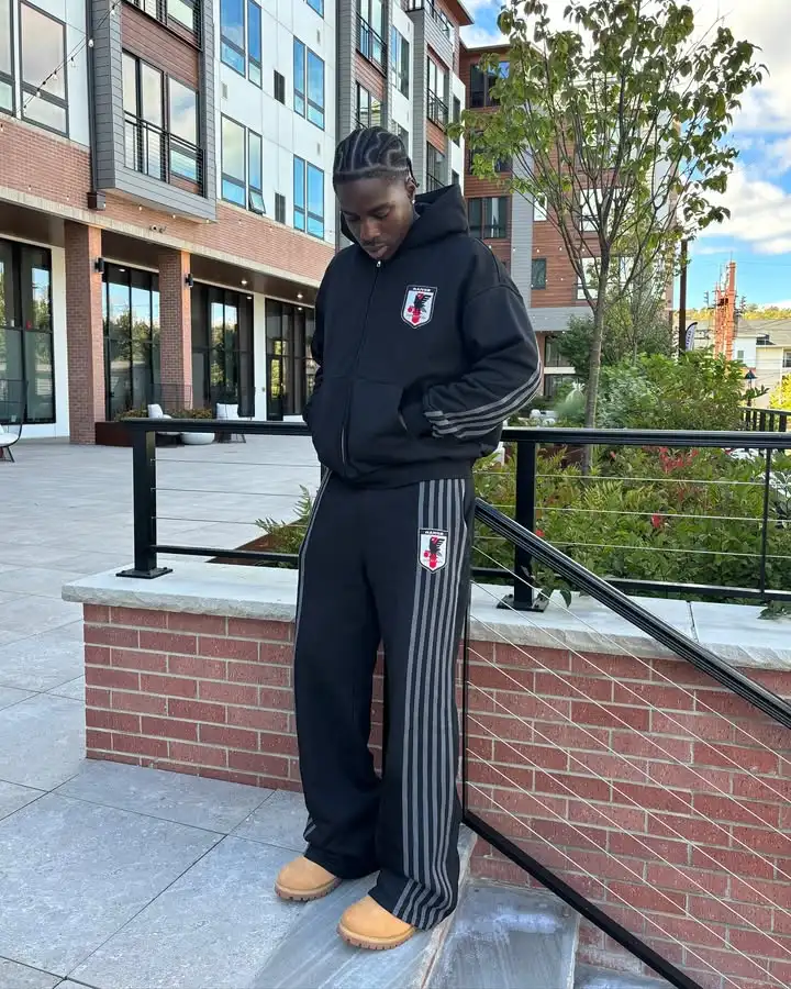 Mens Striped Zip Up Hoodie Sweatpants Two Piece Set Y2K Sportswear Harajuku Embroidery Oversized Sweatshirt Drawstr Pants Set 4