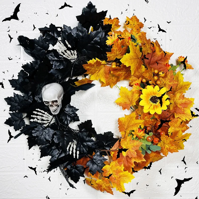 

1 Piece Halloween Wreaths With Blacklight Bats And Maple Leaves As Shown For Front Door Skull Halloween Wreath