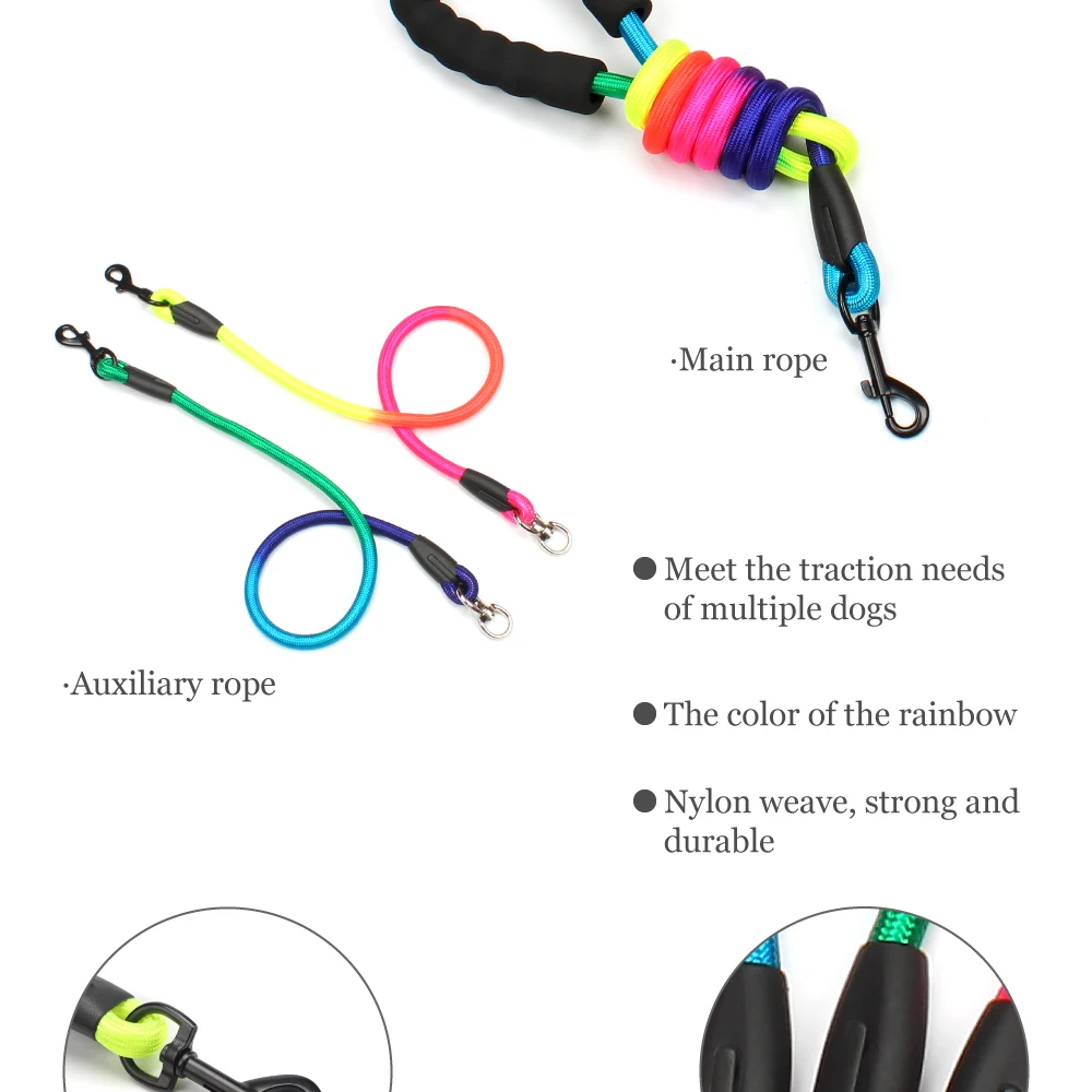 New Rainbow Multi Dogs Leash Nylon Detachable Pet Lead Foam Handle 1 Leash for 2 or 3 or 4 Dogs Round Traction Rope Dog Supplies hunting dog collars	