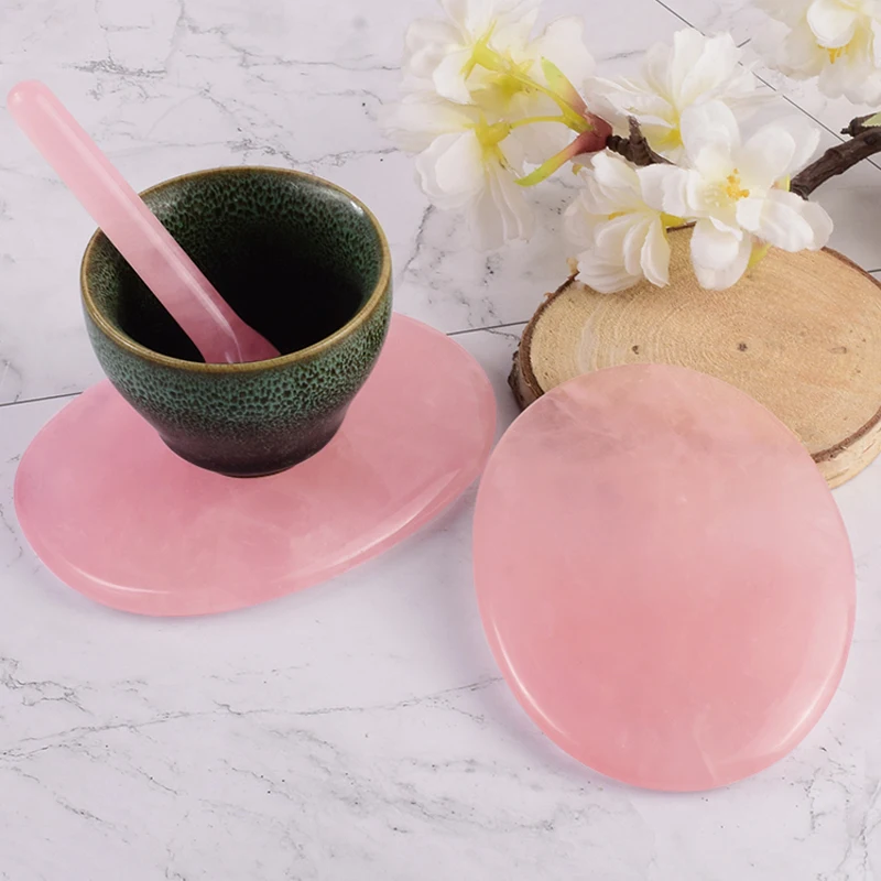 

Rose Quartz Cup Mat For Jade Massager Natural Stone Crystal Gua Sha Spoon Massage Wand Cool Relax Health Care Beauty Tool