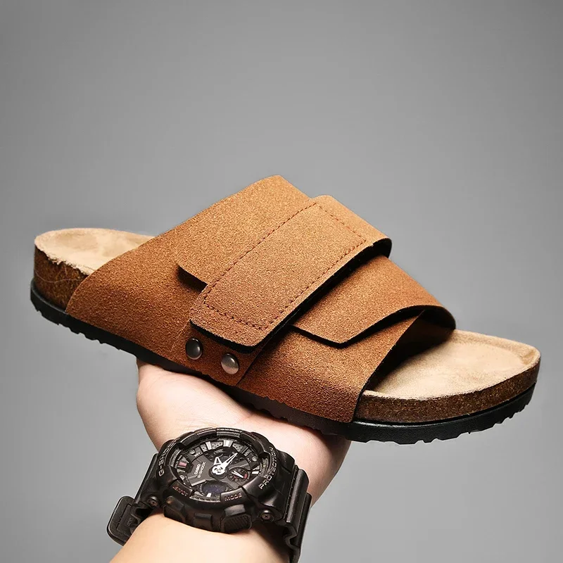 Cork Slippers Men Summer Beach Slides Suede Leather Womens Flat Sandals Fashionable Outdoor Male Mules Non Slip