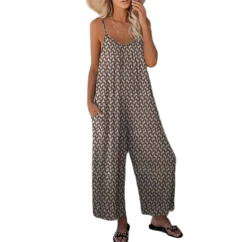 2024 Elegant Print Sleeveless Jumpsuit Women Wide Leg Trousers Summer Backless Suspenders Rompers Female Comfortable Casual Wear