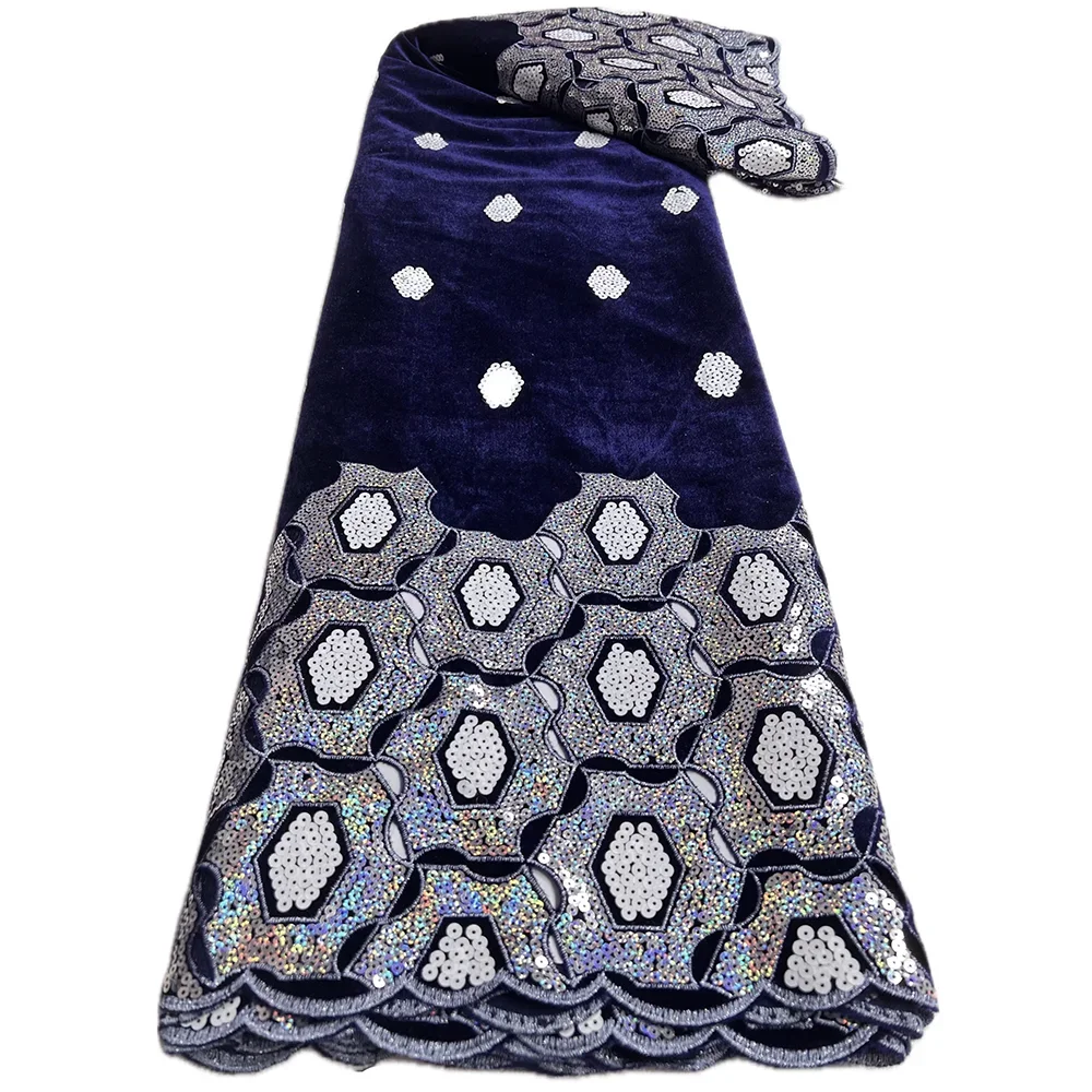 French Velvet Lace Fabric Shiny Sequins African Embroidery Lace with Stones for Nigerian Party Robe Sewing