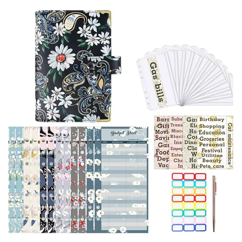 A6 Notebook Binder Cash Envelopes For Budgeting Money Organizer For Cash With 12pcs Expense Budget Sheets & 24 Sticky Labels