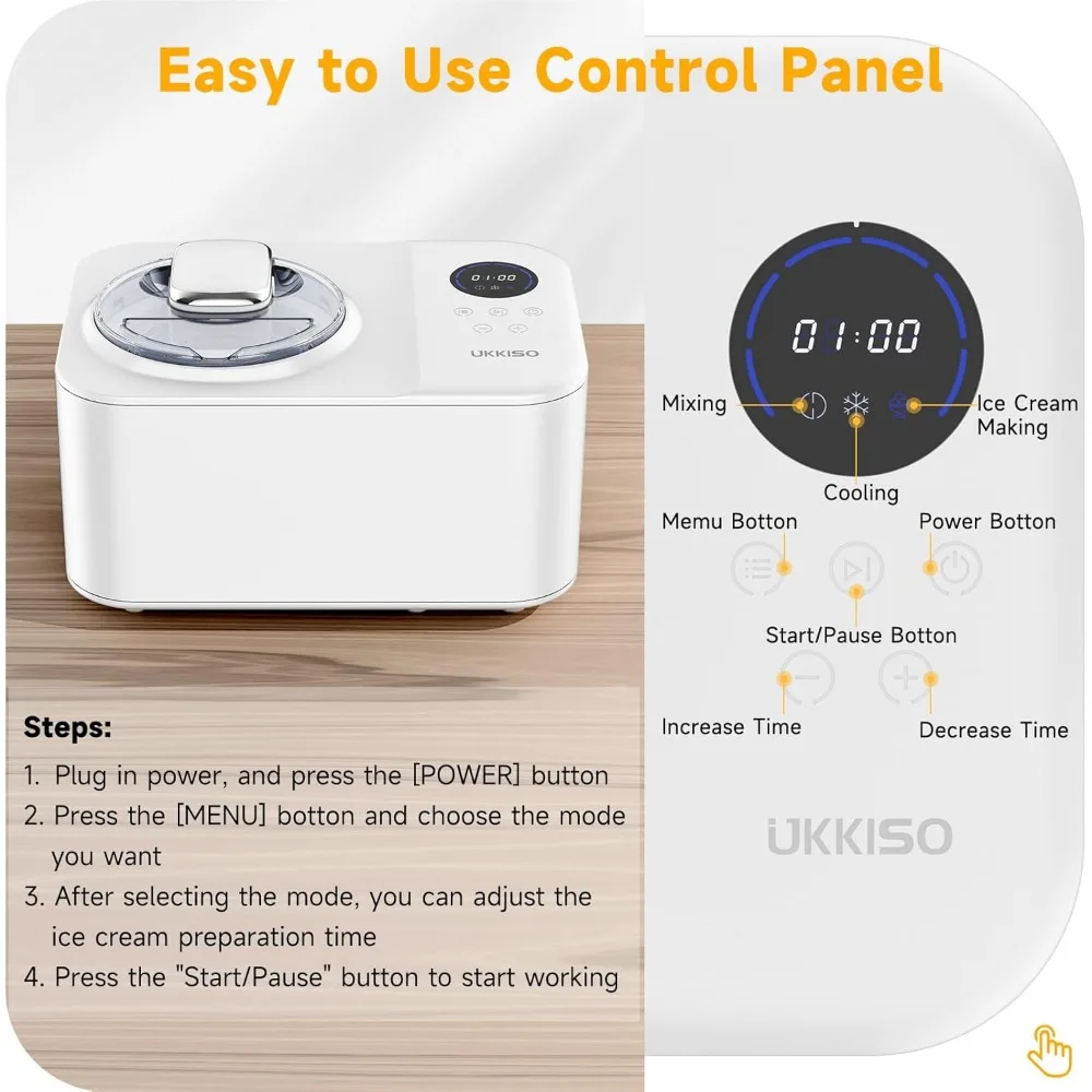Ice Cream Maker for Home: 1.2L Automatic Ice Cream Maker Machine with LCD Display, Stainless Steel Homemade