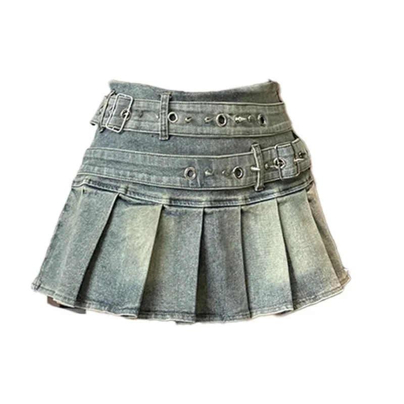 Woman Vintage Denim Pleated Skirt Lace Fold Design A-line Short Skirt Built in Shorts American Spicy Girl Korea Fashion Hotsweet - Image 5