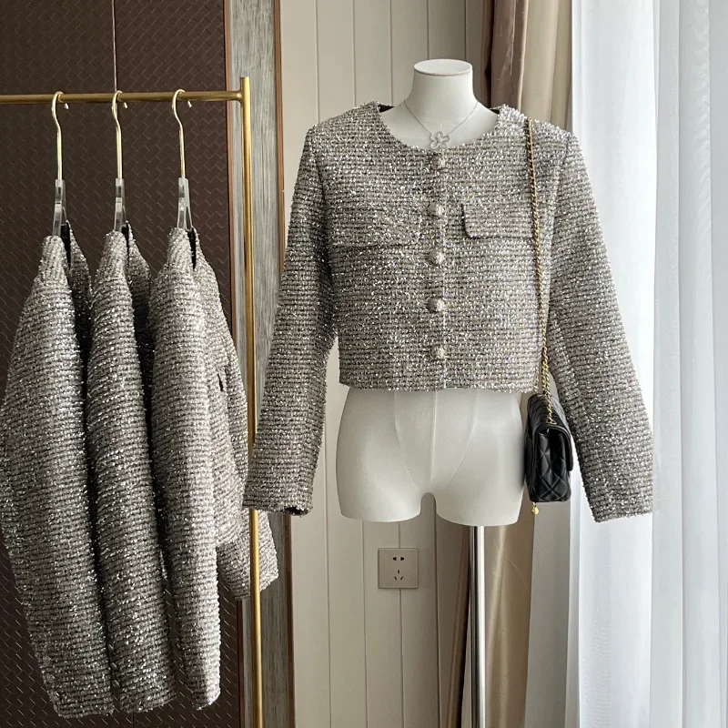 

Casual O Neck Chic Korean Women Tweed Coat Autumn New Silver Bright Silk Woven Small Fragrance French Fashion Lady Jacket 1789