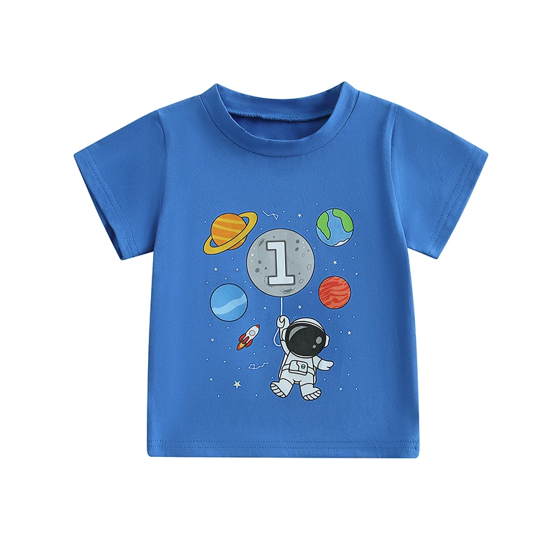 Baby Boys Summer Casual Tops Short Sleeve Crewneck Planets Astronaut Print Loose Fit T-shirt