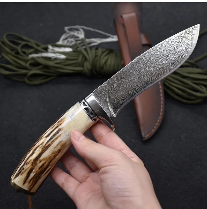 

Fixed Blade Knife Sharp Damascus Steel Camping Hunting Knives Outdoor Survival EDC Tools With Holster Portable Antler Handle