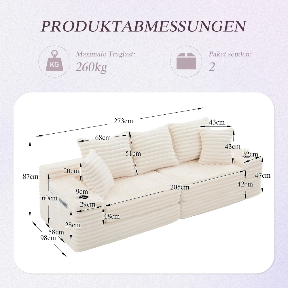 Cordstoff Kompressions-Sofa mit Hoher Rückenlehne und Zusätzlichen Kissen, Beidseitige Taschen, Frei Kombinierbar Als Schlafsofa – Detail 32