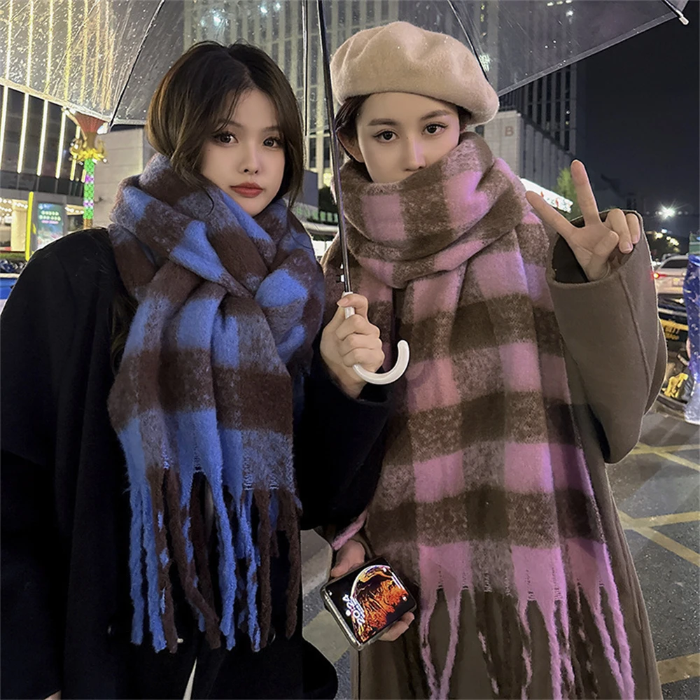 

Winter Thickened Plaid Scarves Female Imitation Wool Scarf Windbreak Warm Tassels Long Shawls Soft Sweet Dual-purpose Blanket