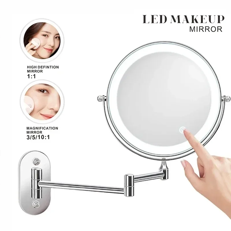 8 inch Makeup Mirror Chrome 3x/5x/7x/10x Magnifying Double Side USB Charging Bathroom 3 color light Smart Cosmetic Mirrors