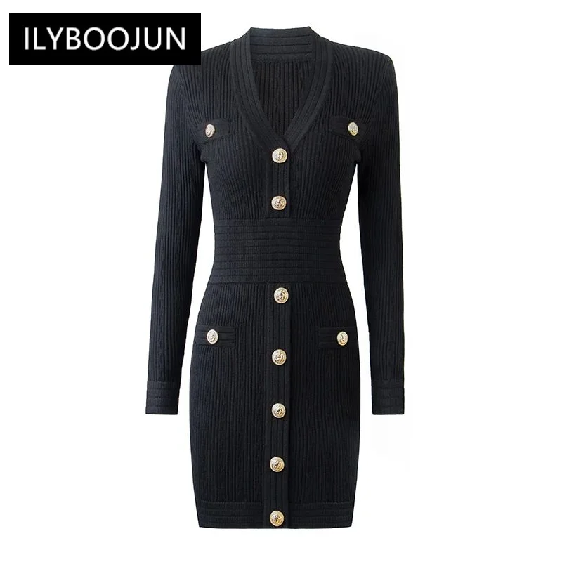 

New Autumn Designing Luxurious Long Sleeve V-neck 4 Colors Sheath Casual Knitted Mini Dress For Women 2023 Luxury Brand High
