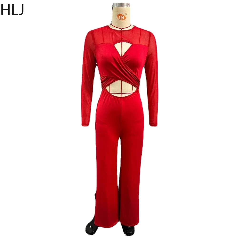 HLJ Red Spring New Patchwork Hollow Jumpsuits Women Round Neck Long Sleeve Wide Leg Pants One Piece Playsuits Casual Overalls
