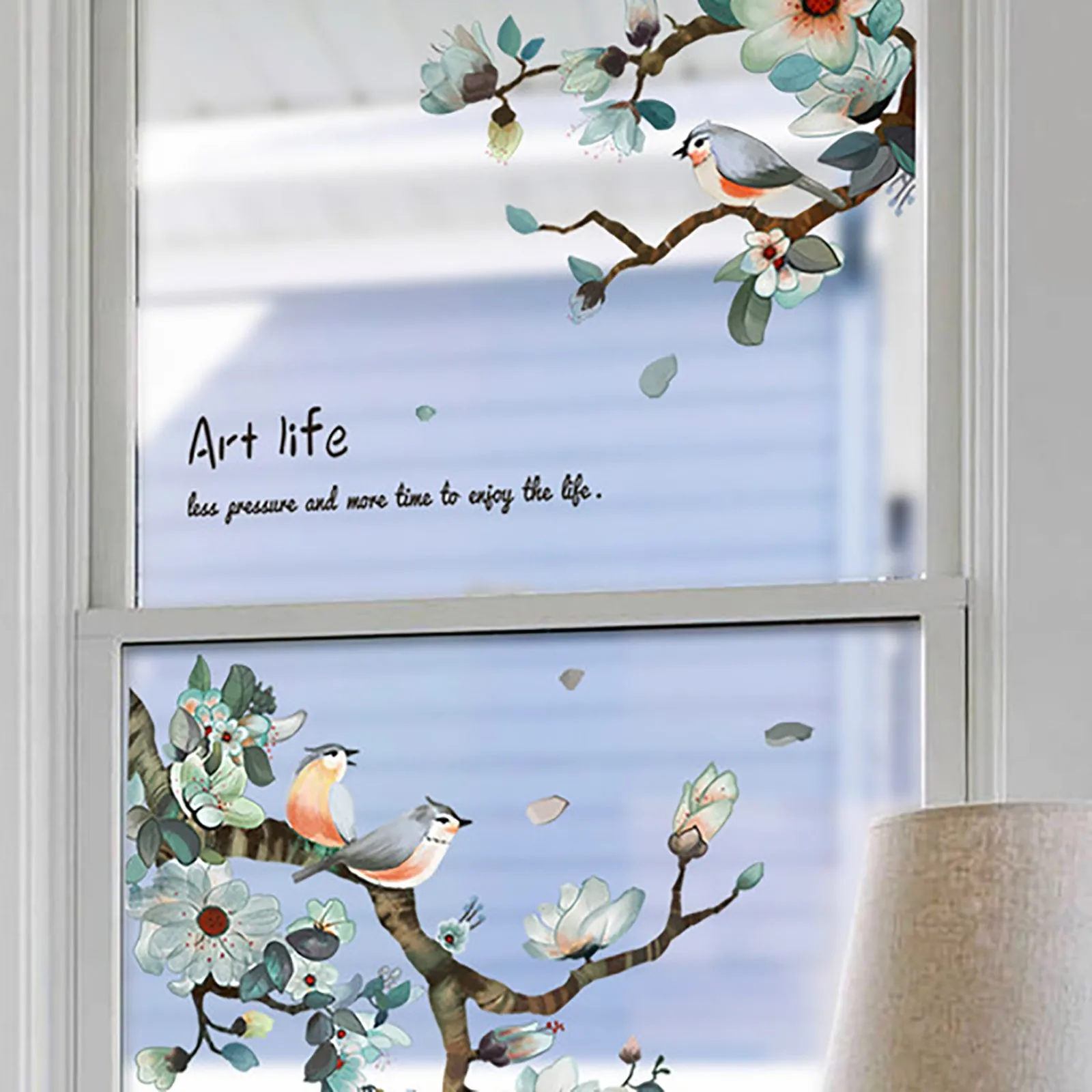 Un lot de Stickers muraux plantes fleurs cages à oiseaux Autocollants  muraux pour salon chambre bureau fenêtres Décoration murale de la maison