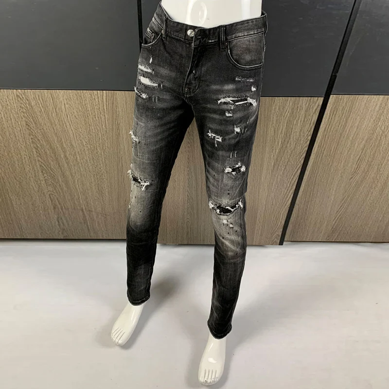Street Fashion Men Jeans High Quality Retro Black Gray Stretch Slim Fit Ripped Jeans Men Patched Designer Hip Hop Brand Pants
