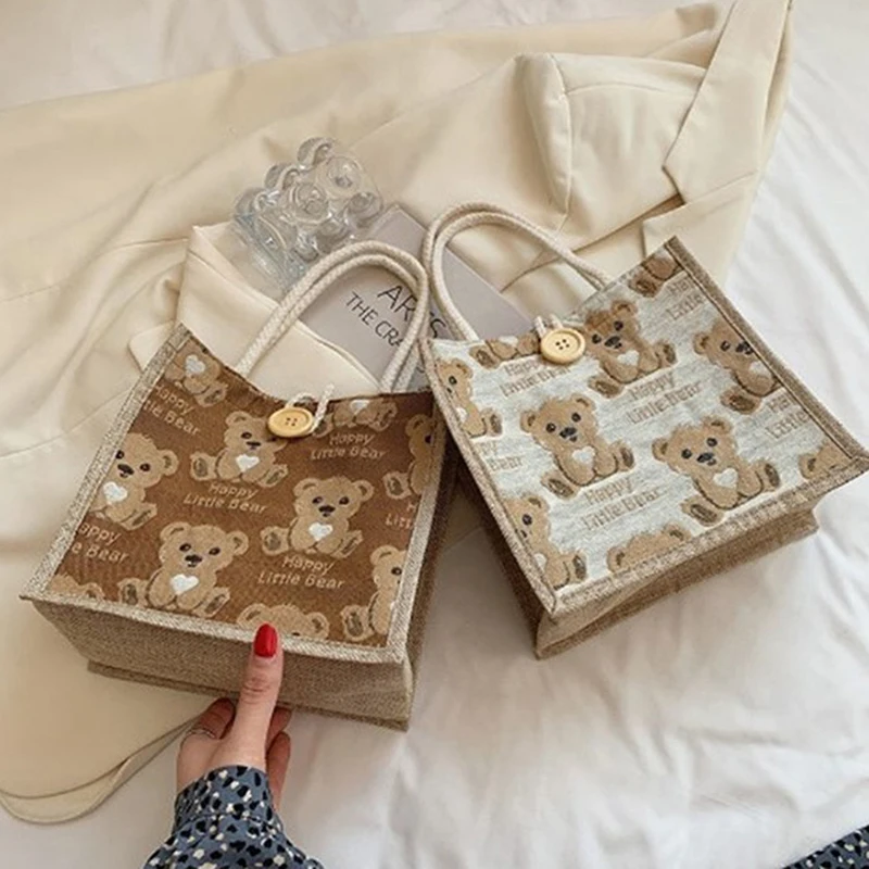 

Women Cute Bear Pattern Shoulder Bag Flax Girl Student Handbag Mini Outdoor Handbag Casual Lunch Bag Underarm bag